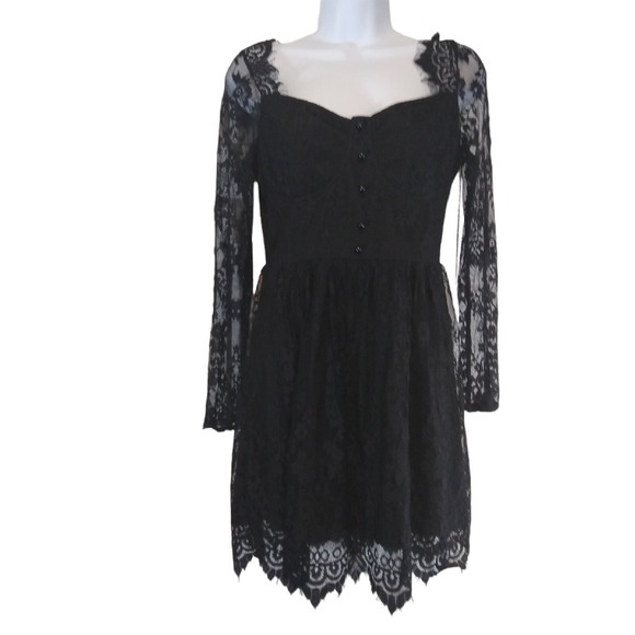 Eilly Bazar Dresses & Skirts - Eilly Bazar Dress Womans  XS Black Floral Lace Lined Zipper in Back Scallop Hem